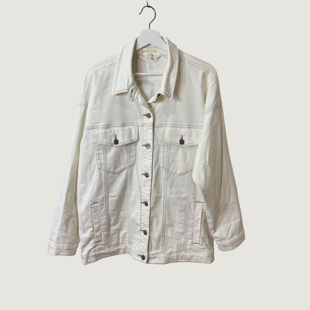 Eileen Fisher Ivory Denim Jacket M Organic Cotton Minimalist Coastal Preppy